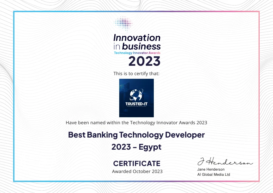 Certificate naming Trusted IT Best Banking Technology Developer 2023 in Egypt
